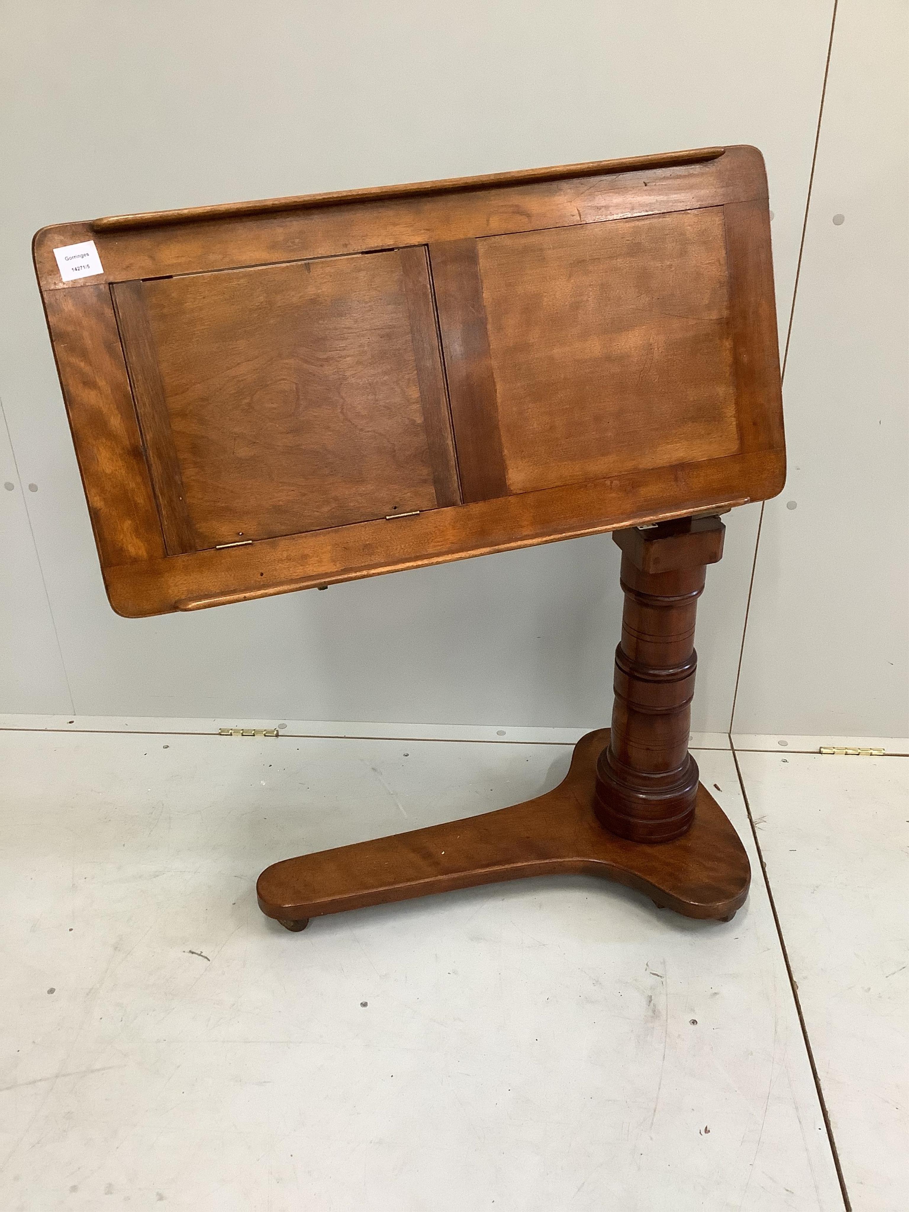 A Victorian Leveson & Son mahogany adjustable reading table, width 78cm, depth 40cm